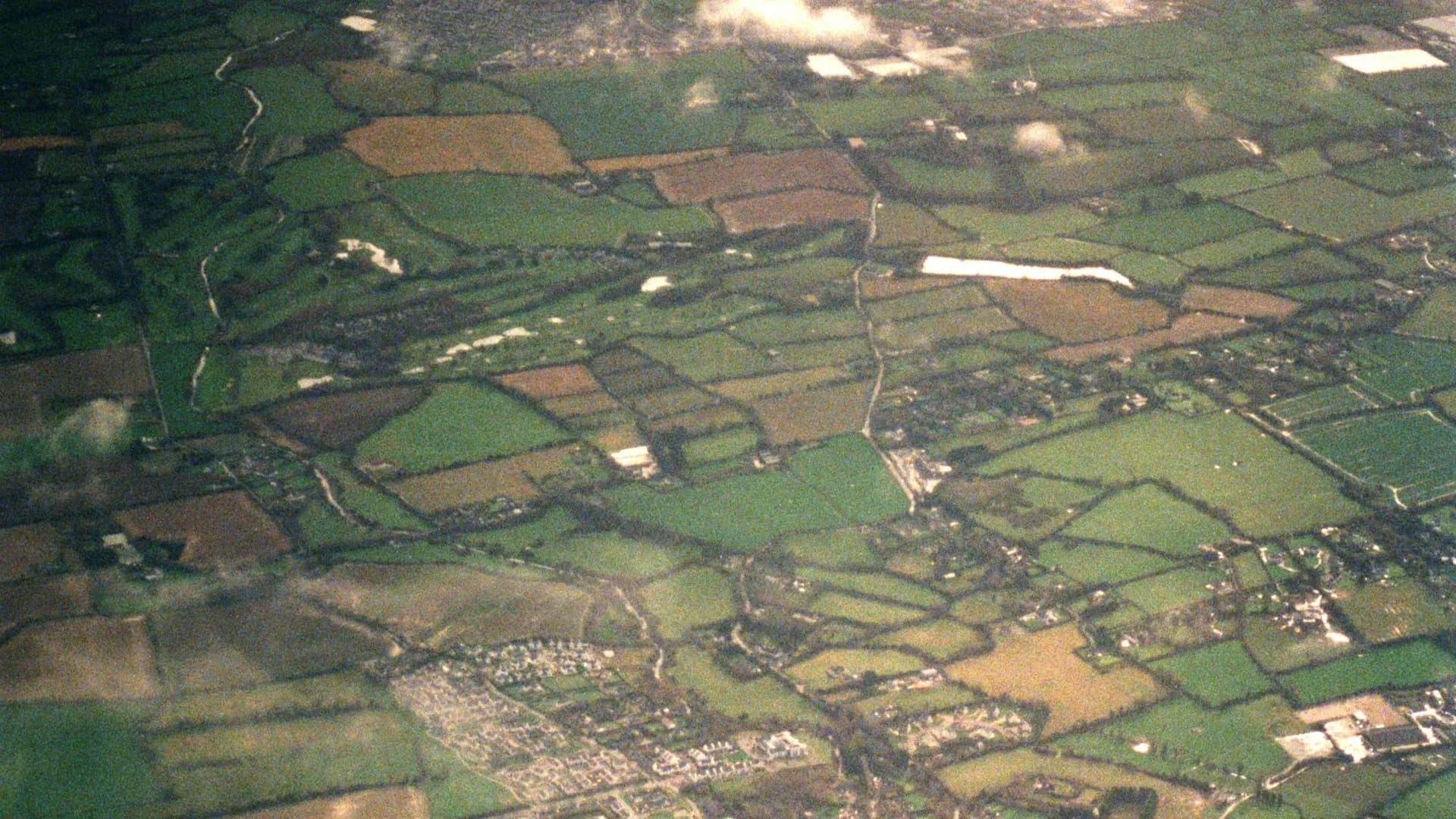 Aerial view of field boundaries in a patchwork of crops, no people
