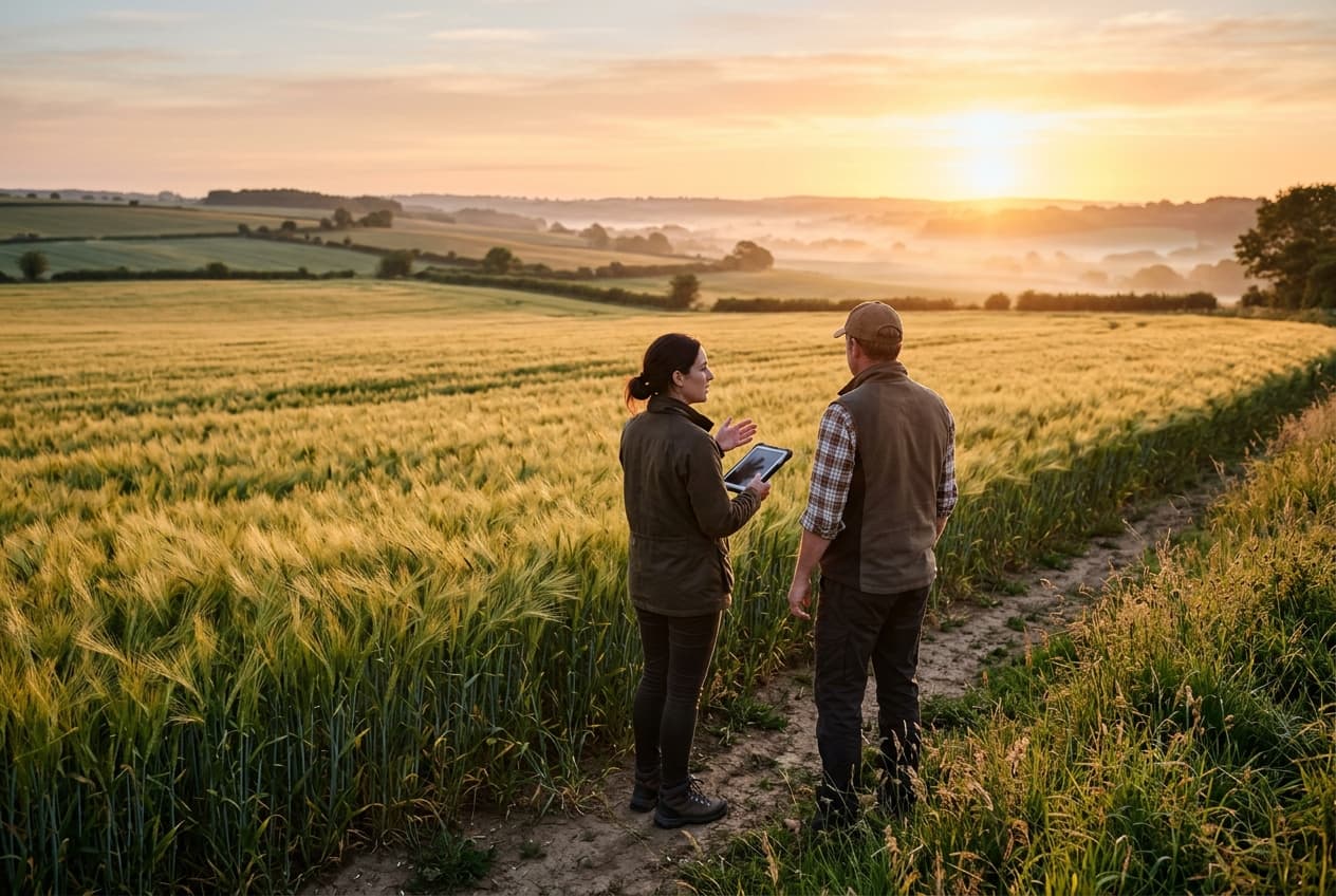 Two people talking at the edge of a field, seen from behind